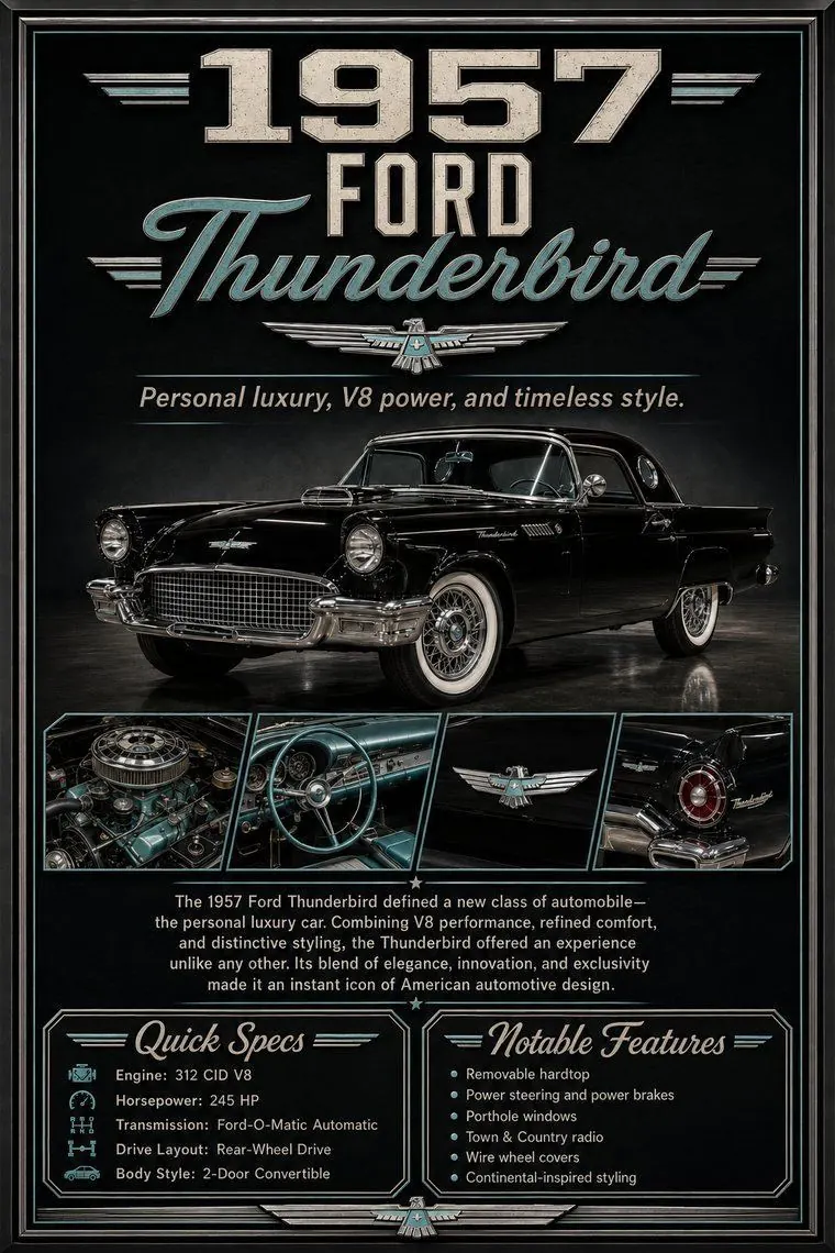 1957 Ford Thunderbird custom car show display board example