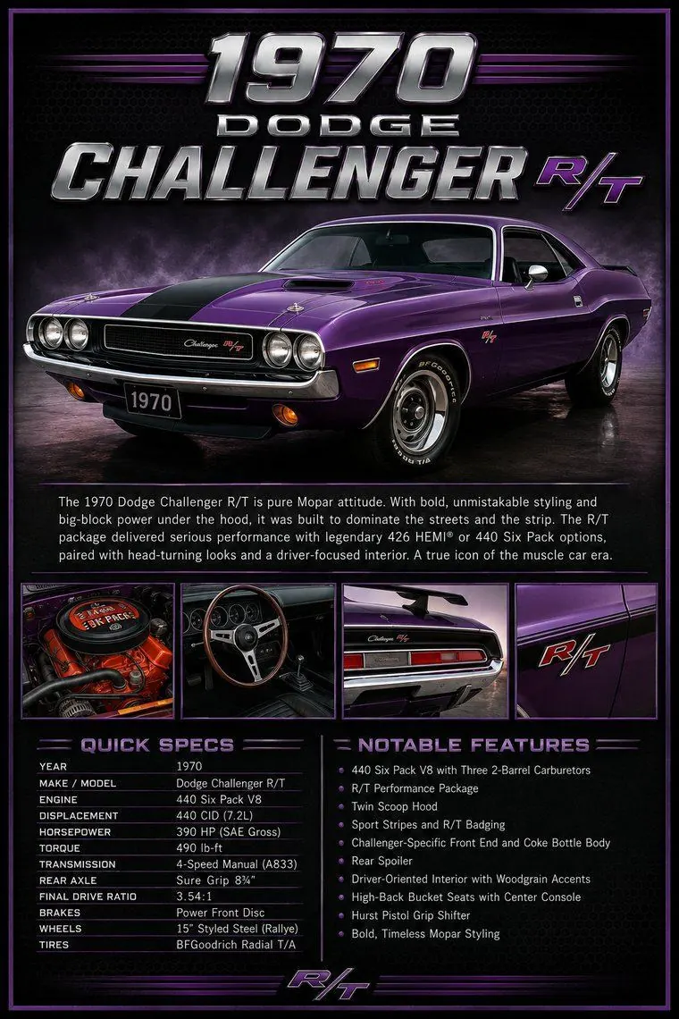 1970 Dodge Challenger R/T custom car show display board example