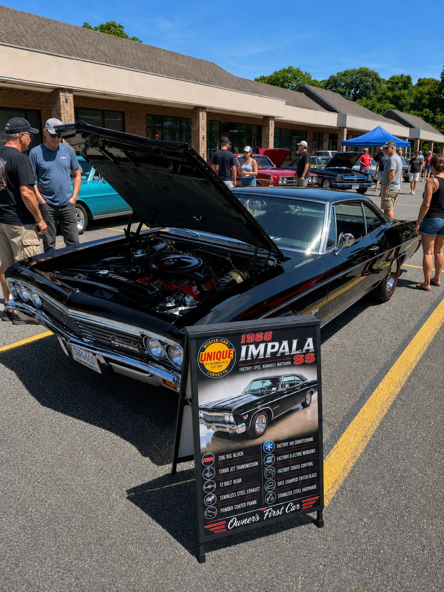 1966 Chevrolet Impala SS displayed at a car show with its custom information board